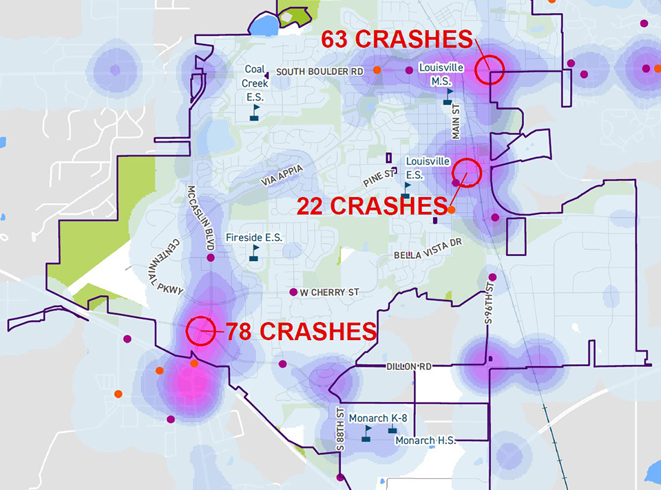 Louisville CO map of crash hot spots
