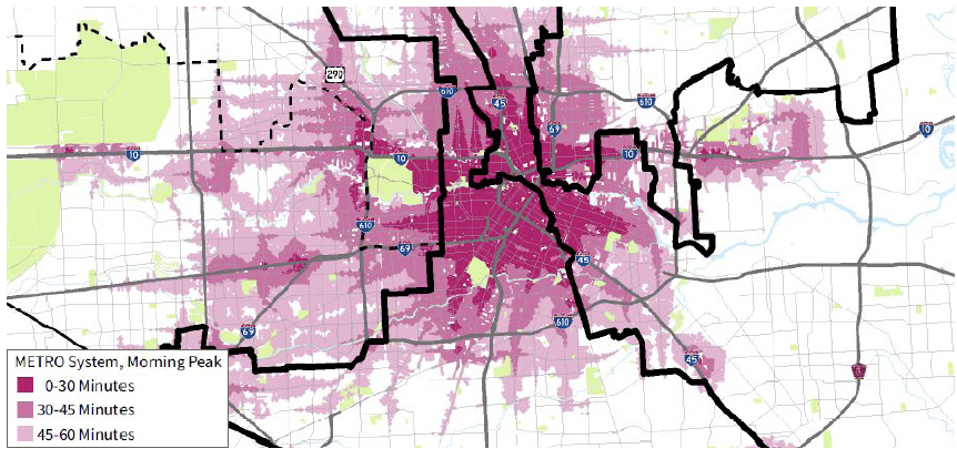 Harris County Precinct One isochron map of am transit access