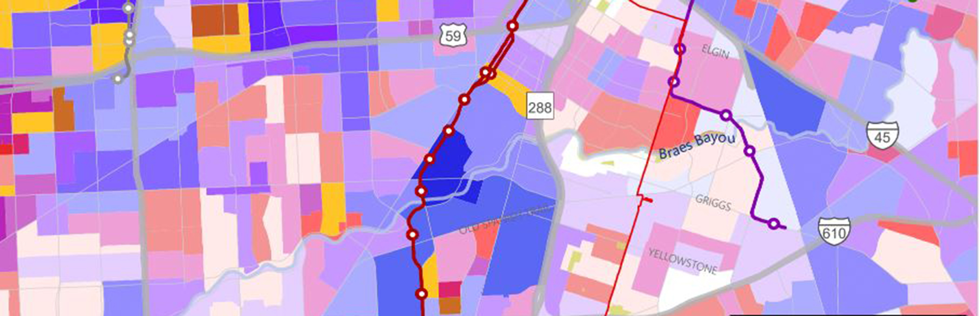 Map of activity intensity along METRO's 54 Scott frequent bus route